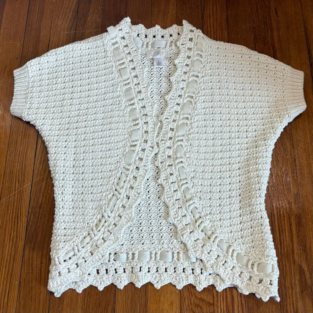LOFT Ann Taylor Ivory Crochet Knit Cardigan Sweater Small
